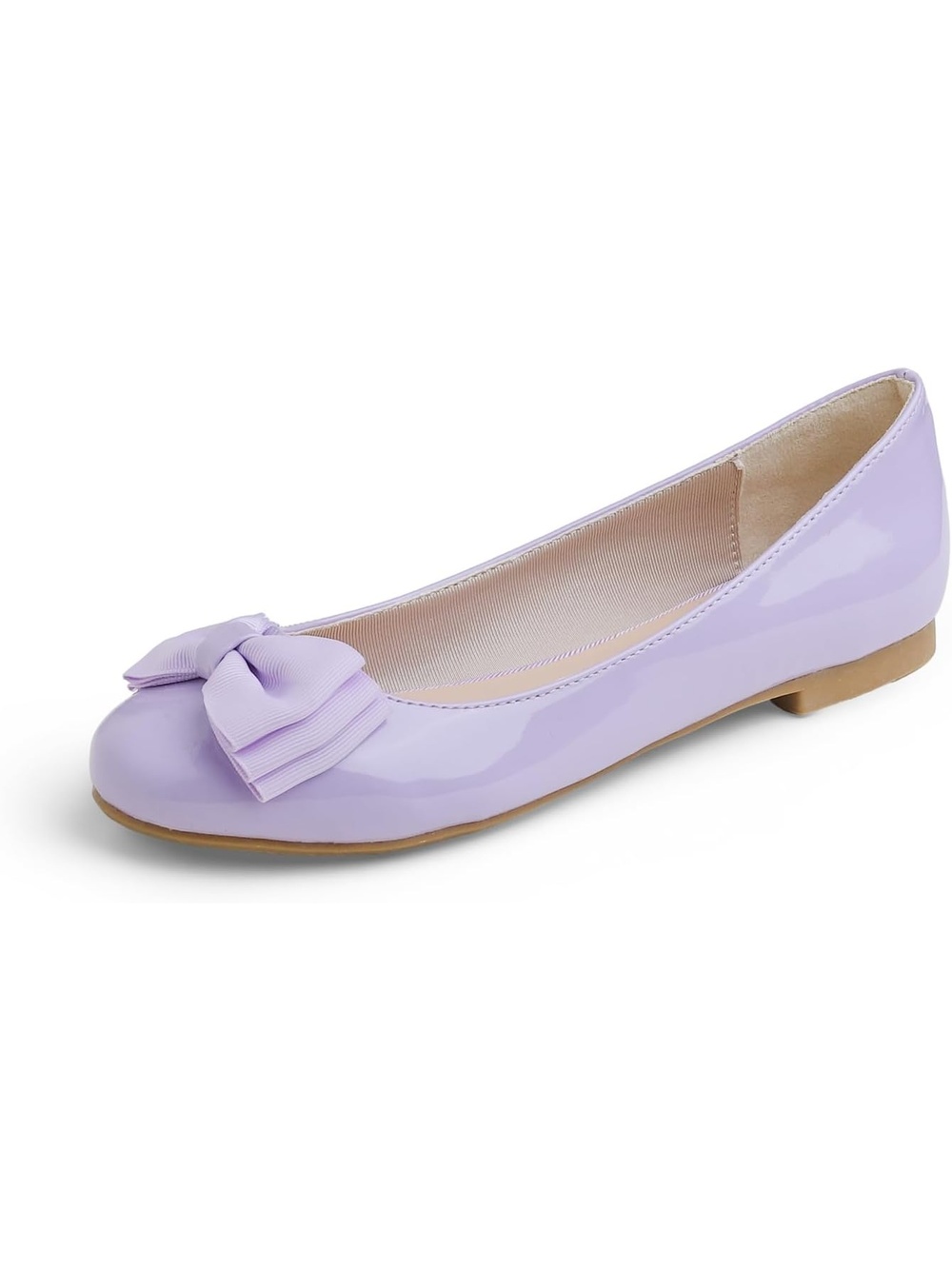 Women Lilac Patent Tri-bow Round Toe Cute Grosgrain Bow Trim Classic Ballet Flat